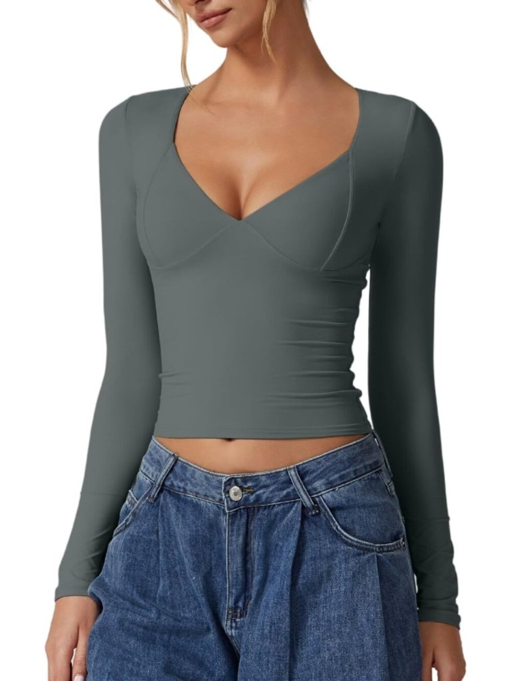 Women's V Neck Army Green Crop Top Long Sleeve Double Lined Seamed Cup Tees